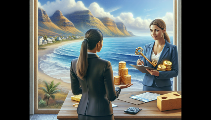 Buyer presents ID, payslips, and bank statements to estate agent in Hermanus, with ocean waves and mountains in background.