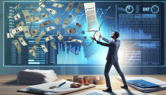 Debt Consolidation for Overdraft Debt Only: Key Strategies | DCL A person in an office unshackling from tangled bill chains, merging them into a glowing loan document, with serene graphs showing financial relief.