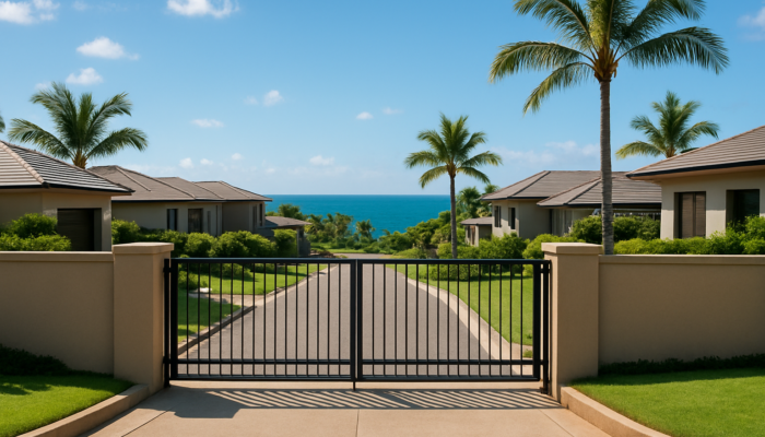 Modern gated estate in Ballito featuring secure fencing, palm trees, and beautiful ocean views.
