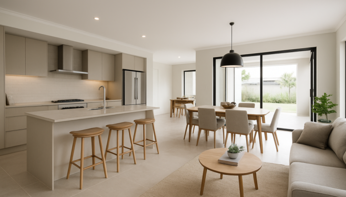 Modern interior of a Ballito home showcasing an open-plan layout, sleek tiled floors, and a contemporary kitchen.