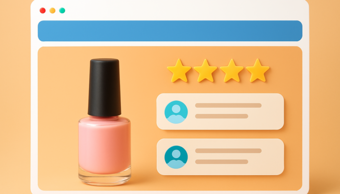 Vibrant e-commerce page for a Nailsea business: central product image featuring bold star ratings and glowing customer reviews.