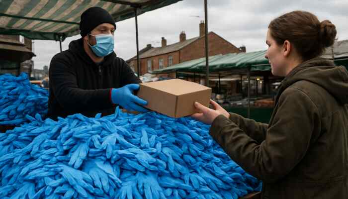 Vendor handing blue latex gloves at a bustling Oldham market stall.