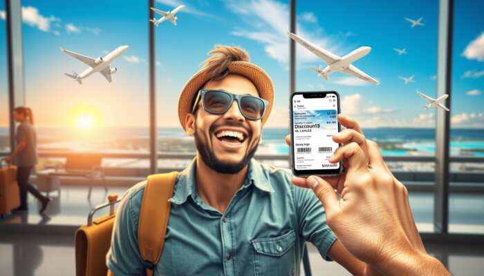Joyful traveler at airport viewing discounted flight ticket on phone, surrounded by airplanes, savings symbols, and sunny horizon.