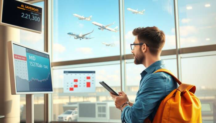 Savvy traveler in a modern airport lounge studies fluctuating flight prices on a screen, with a mid-week calendar and planes outside.
