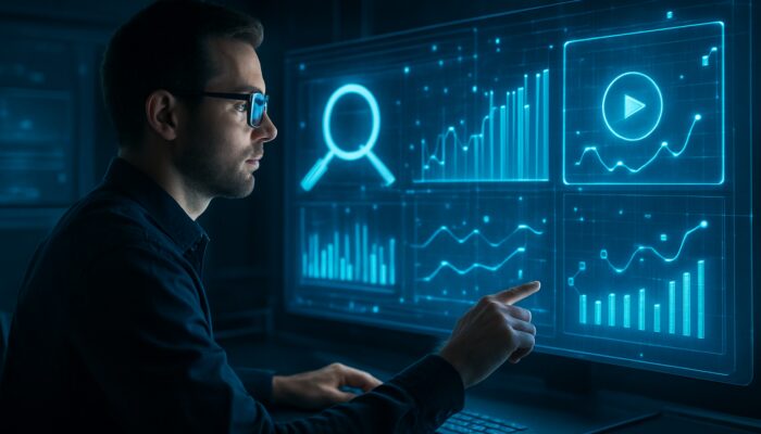 Digital strategist monitors holographic SEO graphs and adjusts video icons in a futuristic control room.