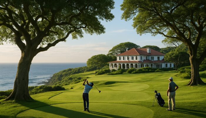 Serene Durban golf course with colonial clubhouse, lush greens, ocean vistas, and golfers under ancient trees.