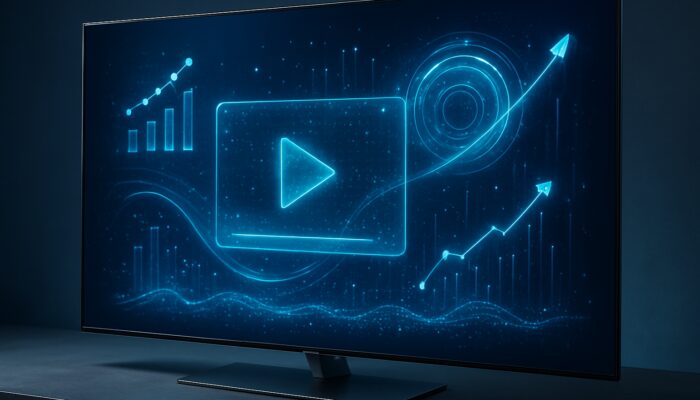 Futuristic smart TV showcasing interactive video ads and data holograms for connected TV trends.