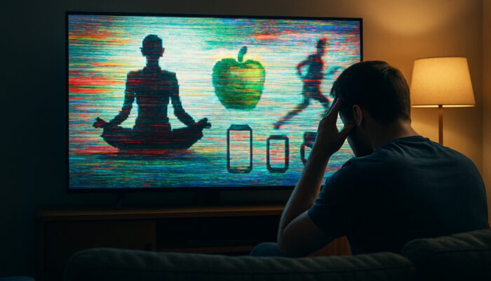 Frustrated viewer in a dimly lit living room staring at a glitchy health ad on a smart TV showing errors.