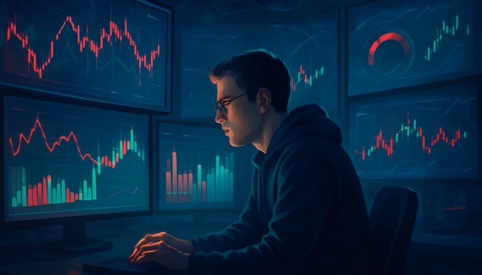 Focused crypto trader in a high-tech setting, analysing volatile charts, news alerts, and sentiment indicators.
