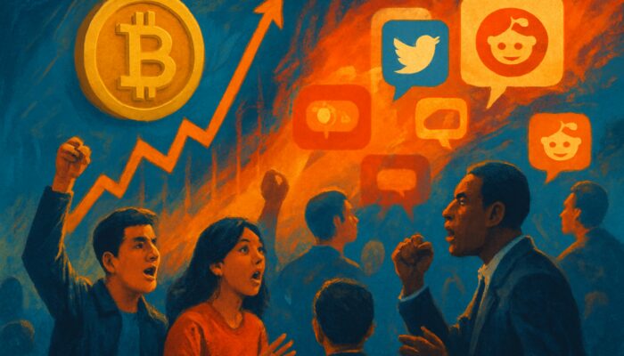 Soaring Bitcoin charts amidst active social media discussions and engaging virtual traders.