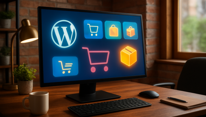 Dynamic WordPress dashboard in Bridport office, featuring WooCommerce e-commerce icons and shopping carts.