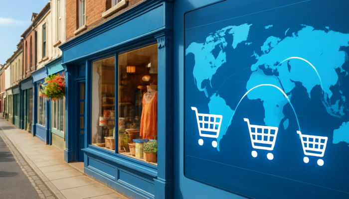 Lively Bridport shop merging with WooCommerce e-commerce carts and global maps for UK business expansion.