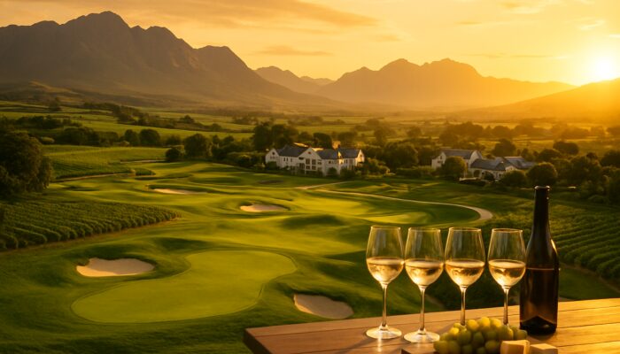 Luxurious 18-hole golf course winding through Western Cape vineyards and mountains at sunset.