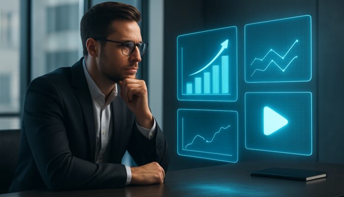 Marketer analysing glowing holographic competitor media charts with strategic arrows in a modern office