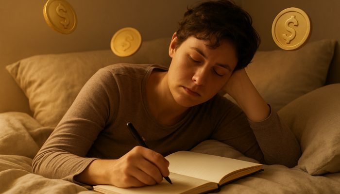 Tired individual resting in bed while developing a gentle debt repayment plan in a journal with warm golden light