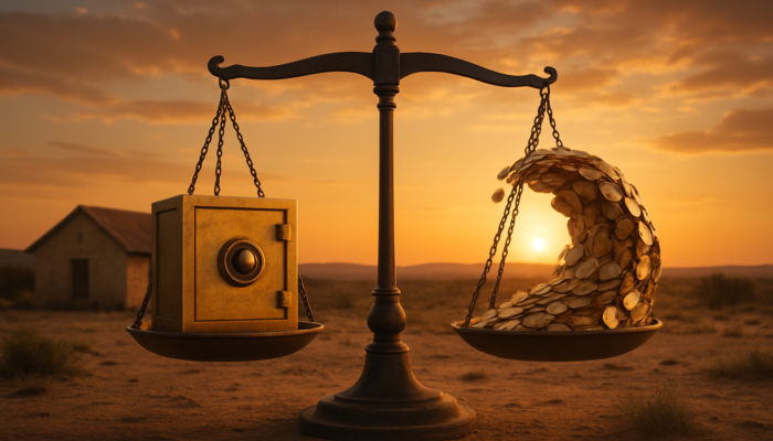 Beaufort West home: fixed rates depicted by a secure house, variable rates illustrated by a wave of coins, balanced on a scale at sunset.