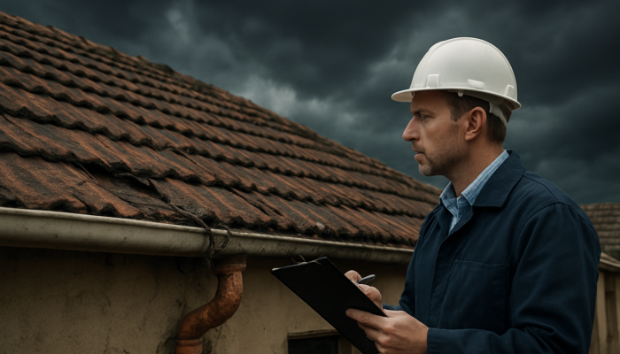 Professional inspector analysing cracked roof and exposed wires on an old South African home in Springs during gloomy weather.