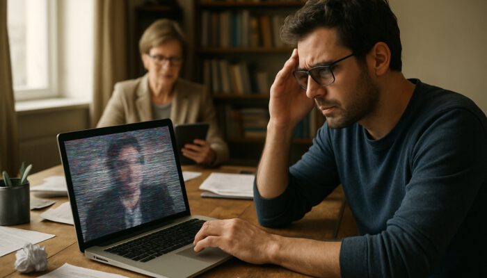 Remote writer struggles with glitchy video call in cluttered office, as supervisor reviews documents on tablet.