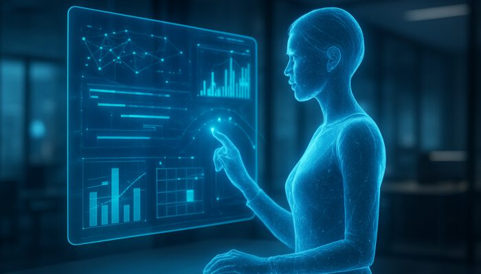 Holographic AI assistant analysing data streams and suggesting optimised schedules in futuristic office.