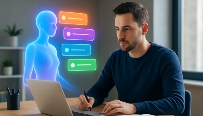 Holographic virtual assistant projecting colourful, prioritised task notifications around focused user in modern workspace.
