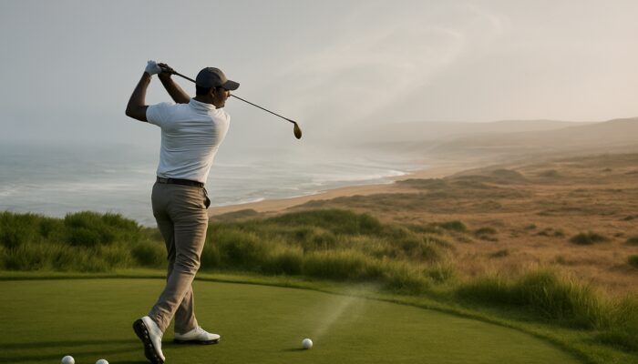 South African golfer selects low-compression balls on misty Durban coast contrasted with Karoo plains and soaring ball in wind