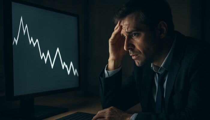 Stressed trader anxiously observing a zigzagging chart with false breakouts and whipsaws in low light