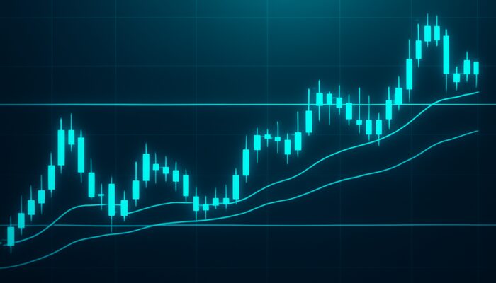 Financial chart displaying flat moving averages in a sideways market, with candlesticks positioned between support and resistance.