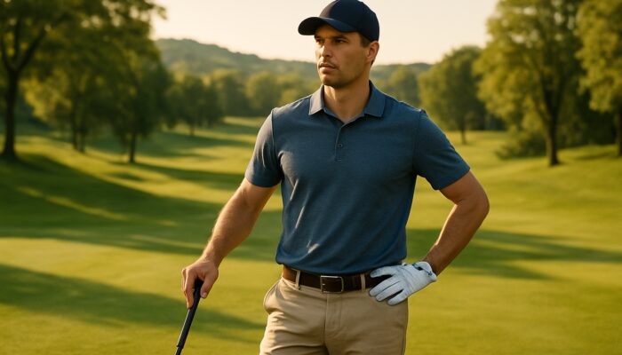 Confident golfer poised on sunlit fairway with club amid green hills and trees.
