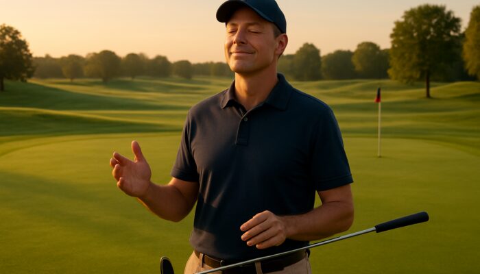 Confident golfer smiling with eyes closed after missed putt on lush dawn fairway