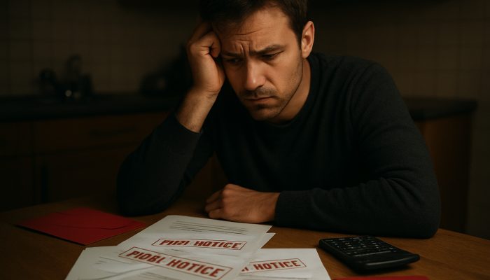 Concerned individual at dimly lit table with overdue gas, electricity, and water bills marked as final notice
