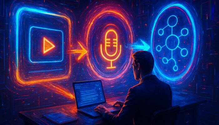 Cyberpunk strategist repurposing article into videos, podcasts, infographics via glowing portals in futuristic workspace