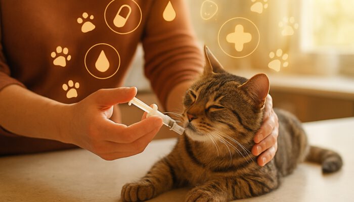Owner syringe-feeding medicine to a relaxed tabby cat with floating paw print icons