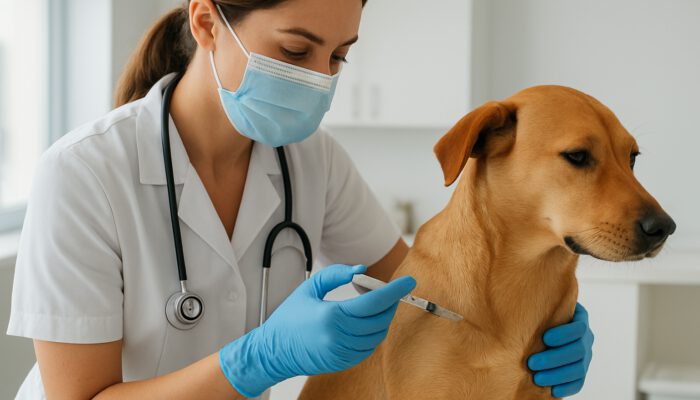 Veterinarian administering a sterile injection to a calm dog in a bright modern clinic