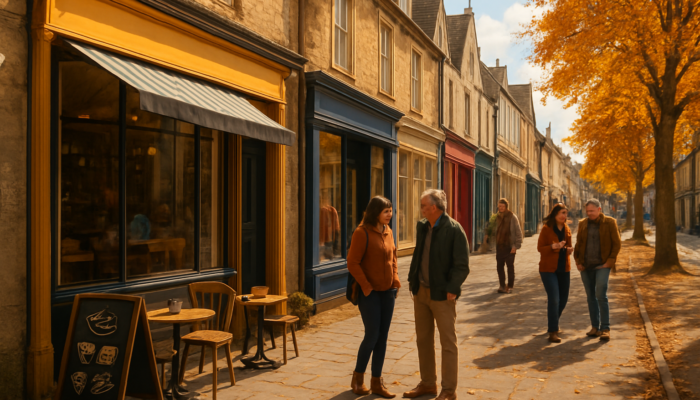 Chipping Sodbury high street with cosy café and boutique amid autumn sunlight and chatting locals.