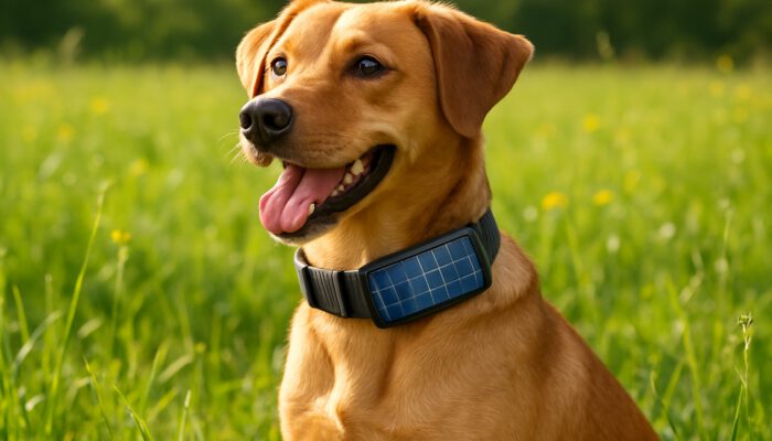 Joyful dog in a meadow wearing a stylish solar-powered collar with illuminated photovoltaic cells