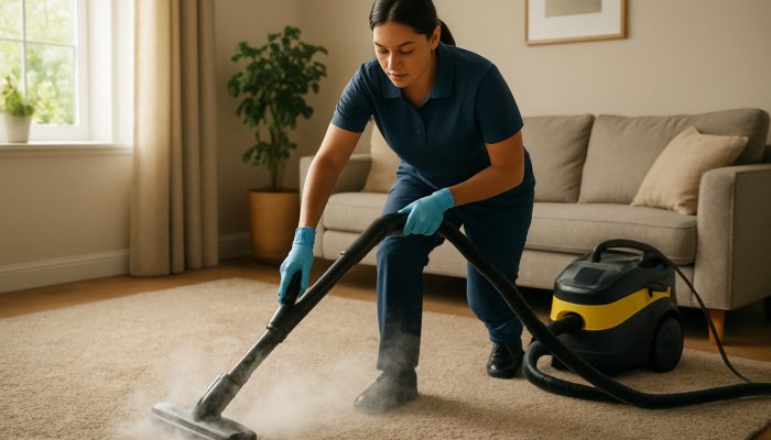 Professional cleaner vacuuming and steam cleaning carpets in a bright UK home.