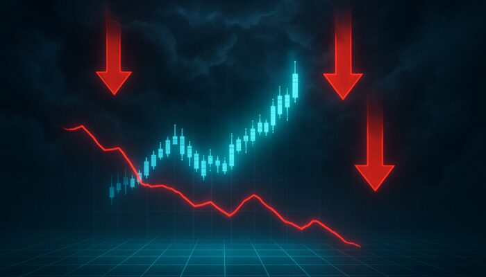 Holographic stock chart illustrating candlestick-stochastic oscillator divergence with warning arrows indicating reversal.