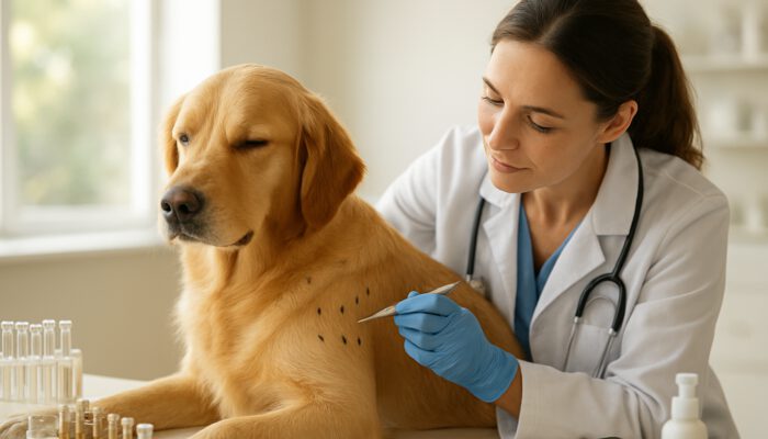 Veterinarian performing a skin allergy test on a calm golden retriever in a sunlit clinic.