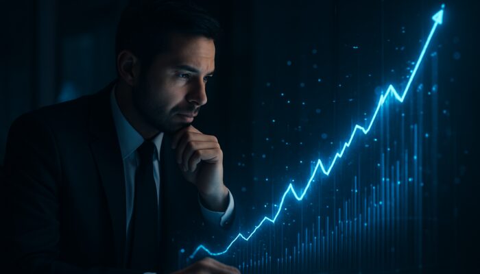 Trader examining glowing holographic charts of rising profit-to-drawdown ratio in a dimly lit office