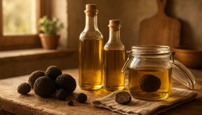 Rustic kitchen counter featuring fresh black truffles, olive oil bottles, and a jar of homemade truffle oil