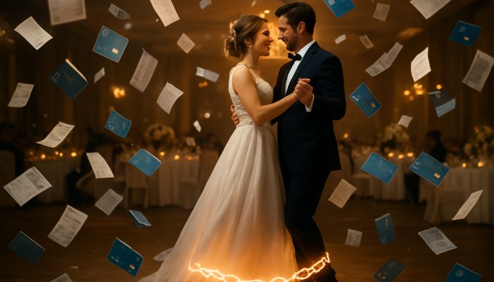 Wedding Costs Leading to Long-Term Debt | DCL Bride and groom dancing at wedding while receipts and credit cards fall amidst glowing debt chains