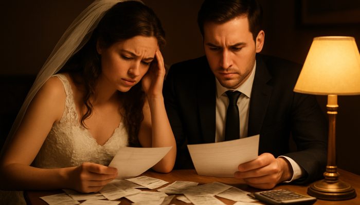 Wedding Costs Leading to Long-Term Debt | DCL Newlywed couple reviewing scattered wedding receipts and statements at a cosy table after the ceremony.