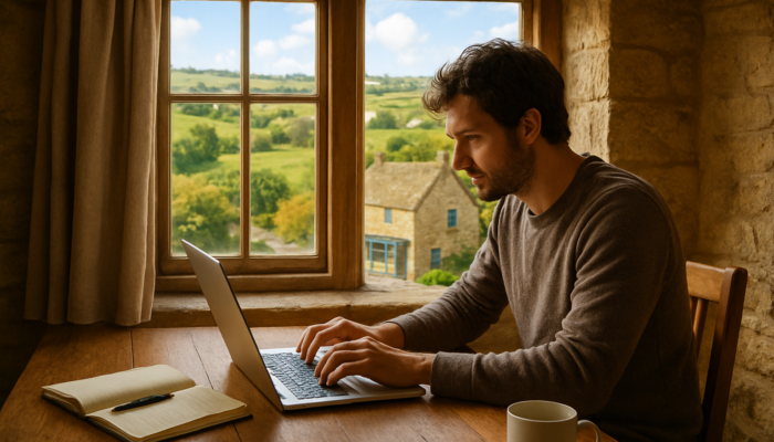 Writer blogging on laptop in sunlit Stroud Gloucestershire cottage overlooking green hills and shop