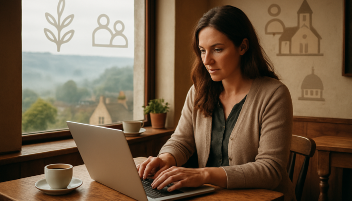Cozy Stroud cafe with focused owner blogging, overlooking misty Cotswold hills.