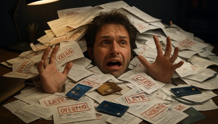 Individual overwhelmed by a chaotic pile of overdue bills and loan papers on a disorganised desk