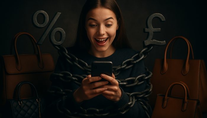 Young shopper in the UK using BNPL on phone with luxury bags while debt pressures mount.