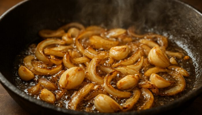 Close-up of onions and garlic caramelizing in oil inside rustic pan with rising steam.