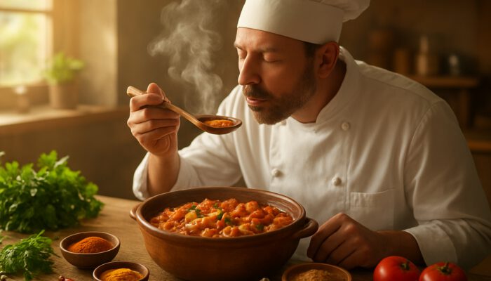 Chef tasting steaming chakhchoukha stew from wooden spoon in sunlit kitchen amid spices and herbs