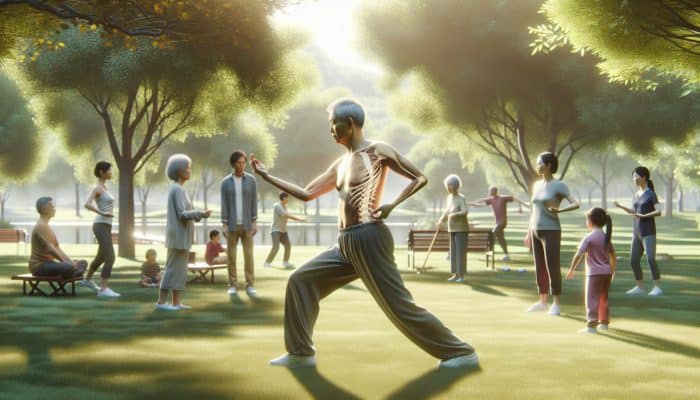 A middle-aged Asian individual practising tai chi in a park, surrounded by family in cultural activities, demonstrating improved joint mobility.