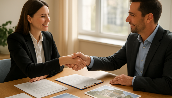 Real estate buyer and seller shaking hands over contracts on a sunlit office table.